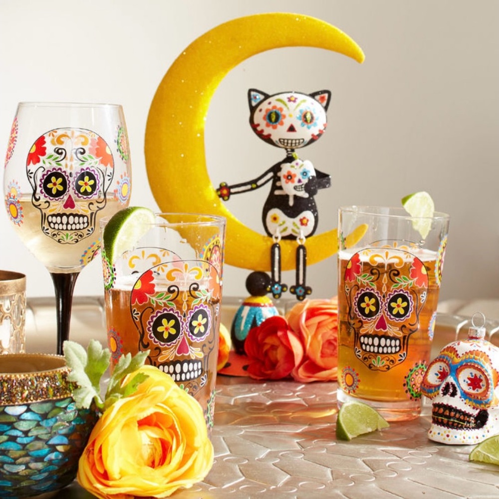 RARE NWT Pier One Sugar Skull Dias de Los Muertos/ Day of the Dead Glasses